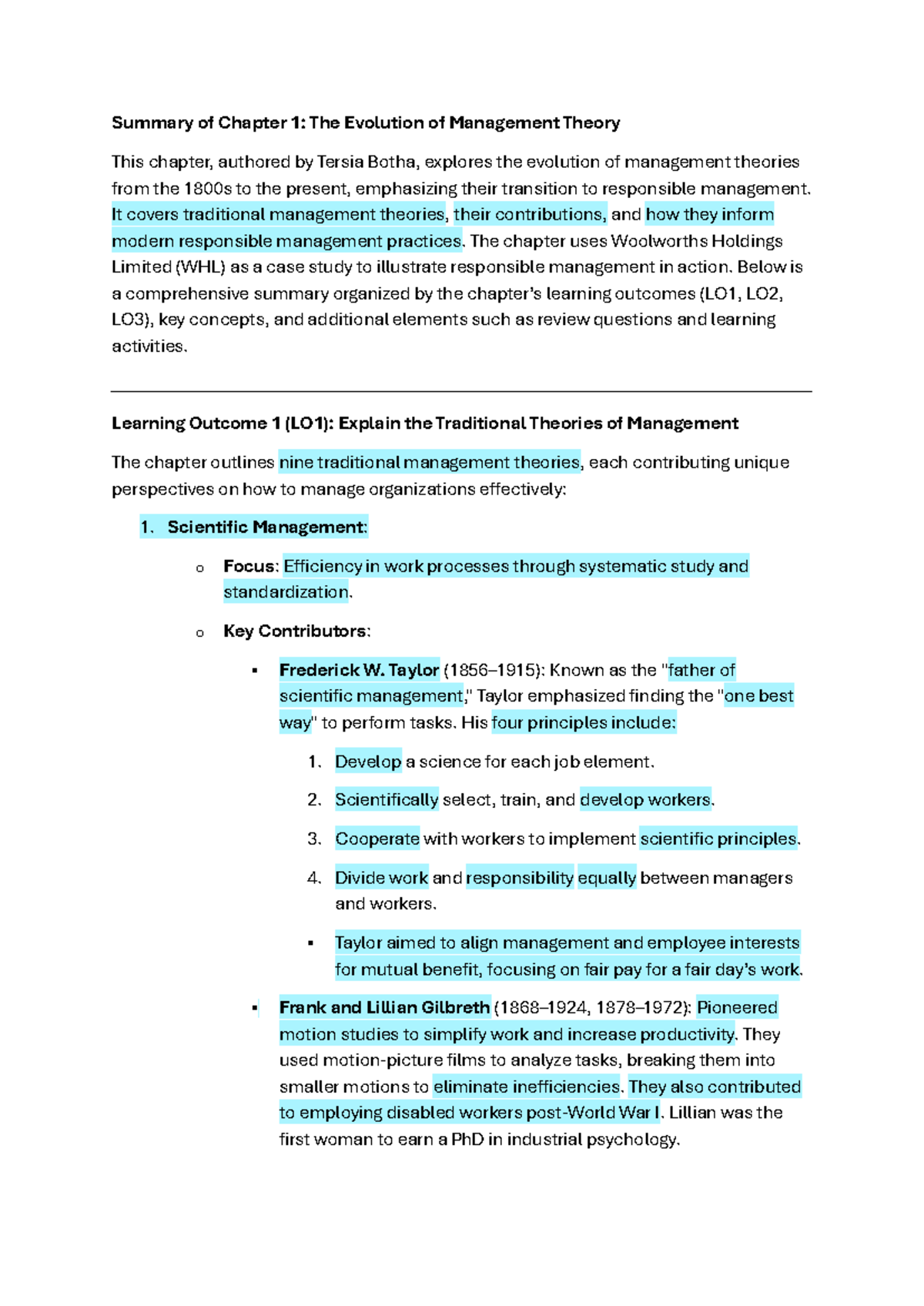 Summary of Chapter 1: Evolution of Management Theory (MGT101) - Studocu
