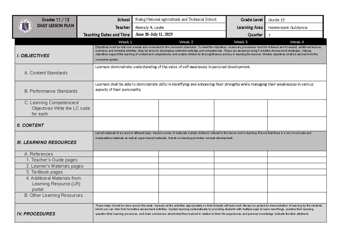 Grade 12 Homeroom Guidance Daily Lesson Plan - Week 1 to 4 - Studocu