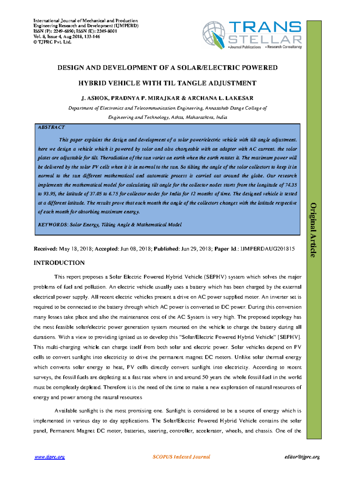 Design and Development of a Solar-Powered Hybrid Vehicle with Tilt ...
