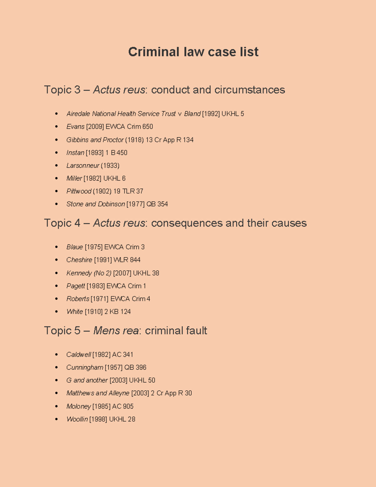 Criminal Law Case List: Key Cases and Topics Overview - Studocu
