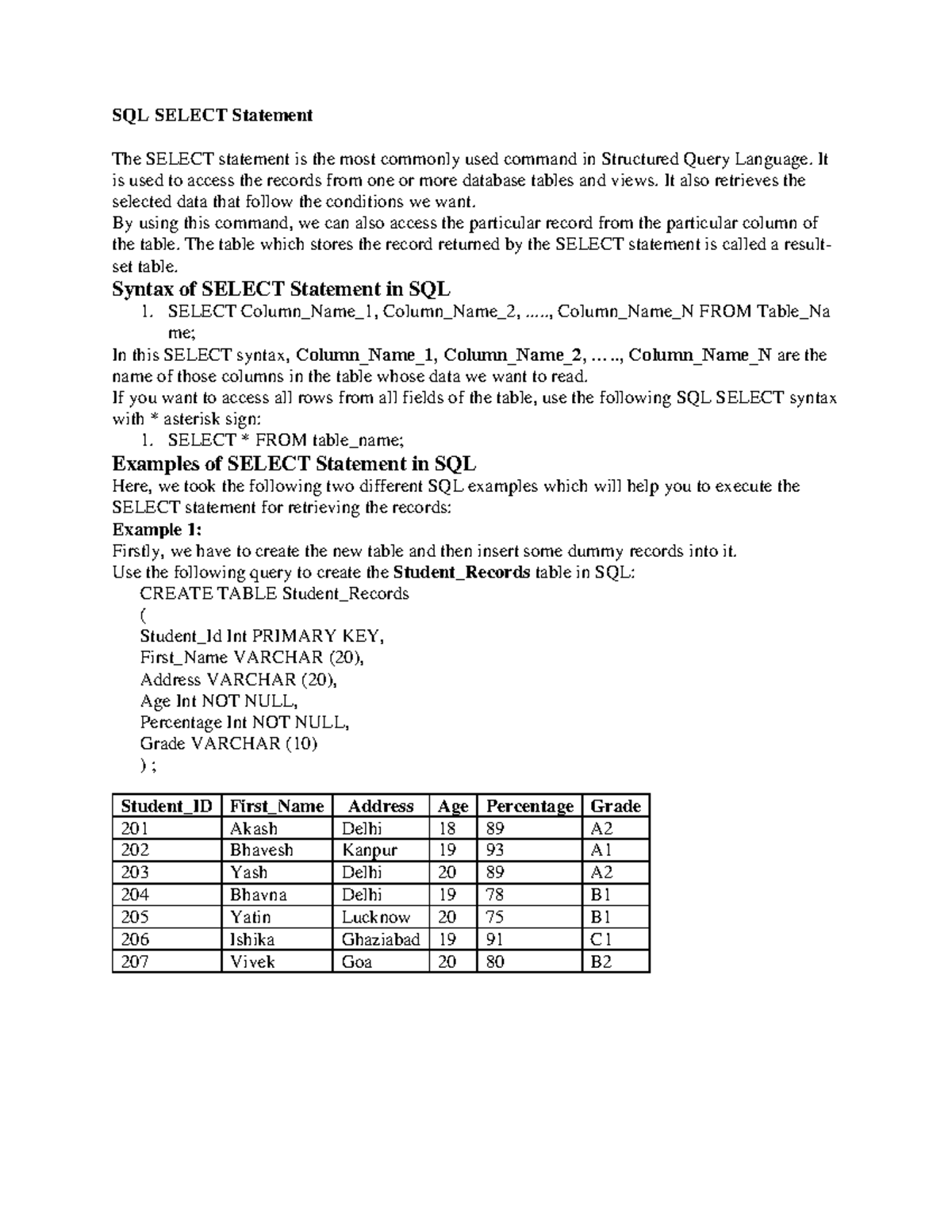 SQL SELECT Statement: Understanding Syntax and Examples - Studocu