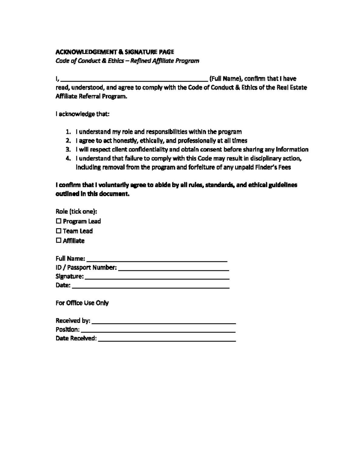 Code of Conduct Acknowledgement - Real Estate Affiliate Program - Studocu