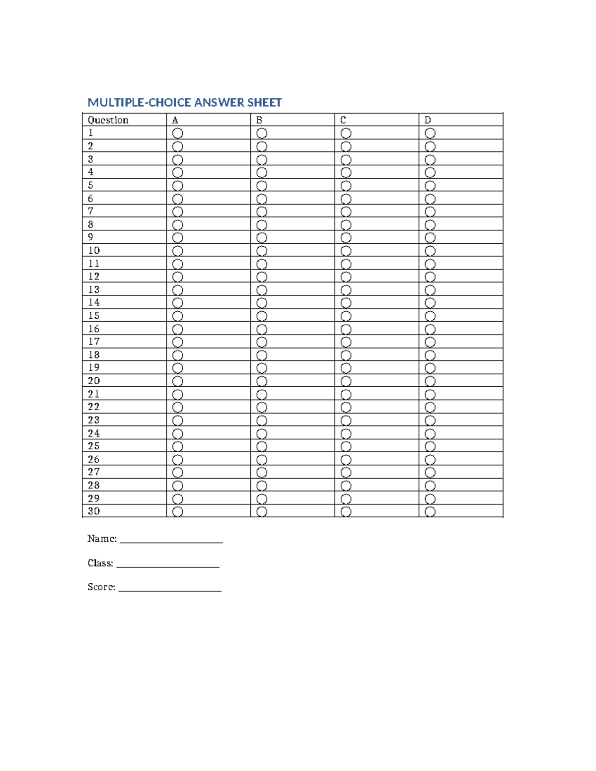 Answer Sheet 30 Questions - MULTIPLE-CHOICE ANSWER SHEET Question A B C ...