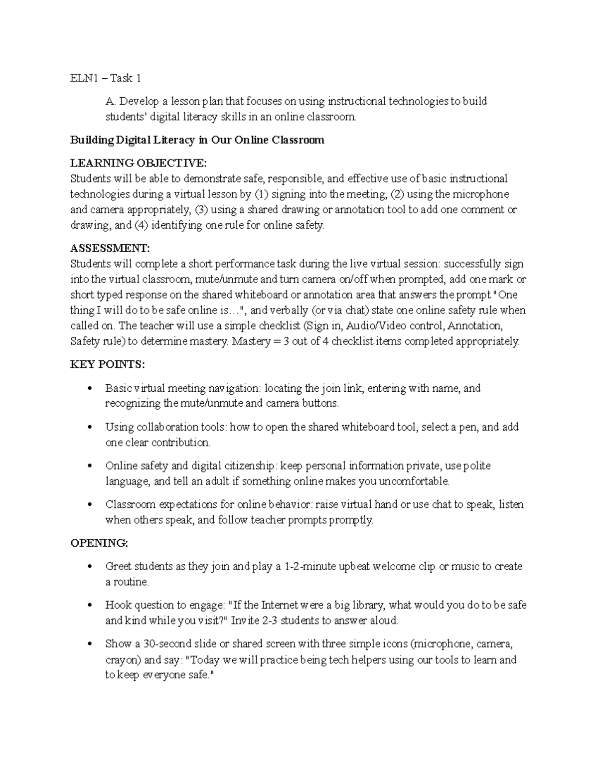 ELN1 Task 1: Lesson Plan for Building Digital Literacy Online - Studocu