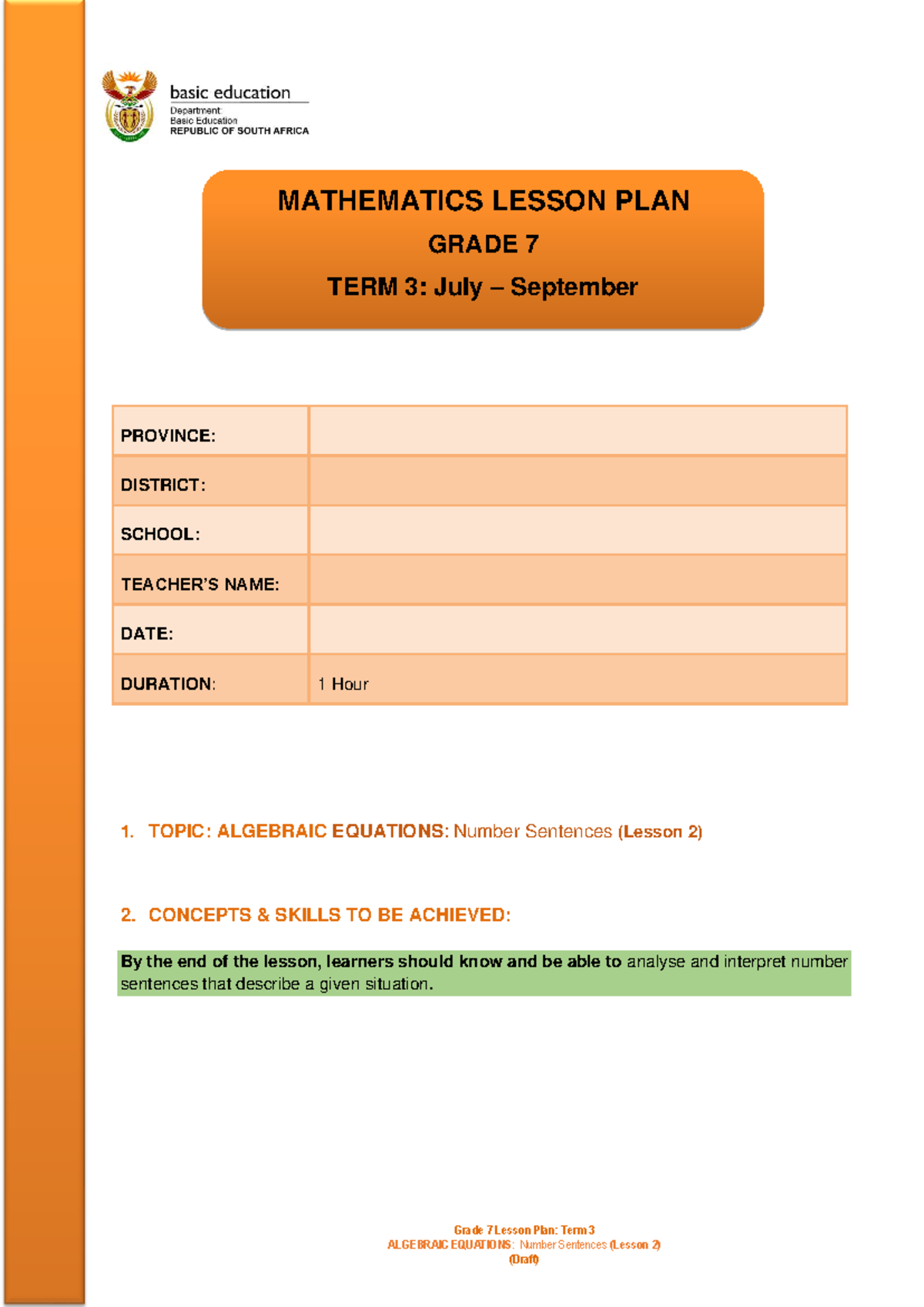 Grade 7 Term 3 Mathematics Lesson Plan: Algebraic Equations - Studocu