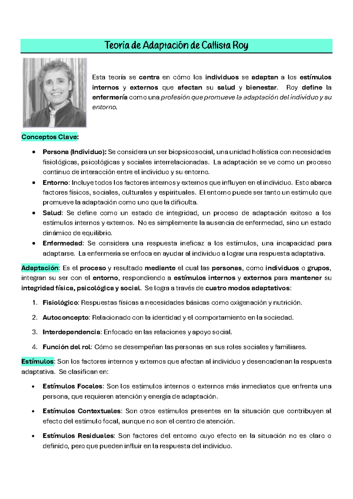 Teoría de Adaptación de Callista Roy: Enfoque en Salud y Enfermería ...