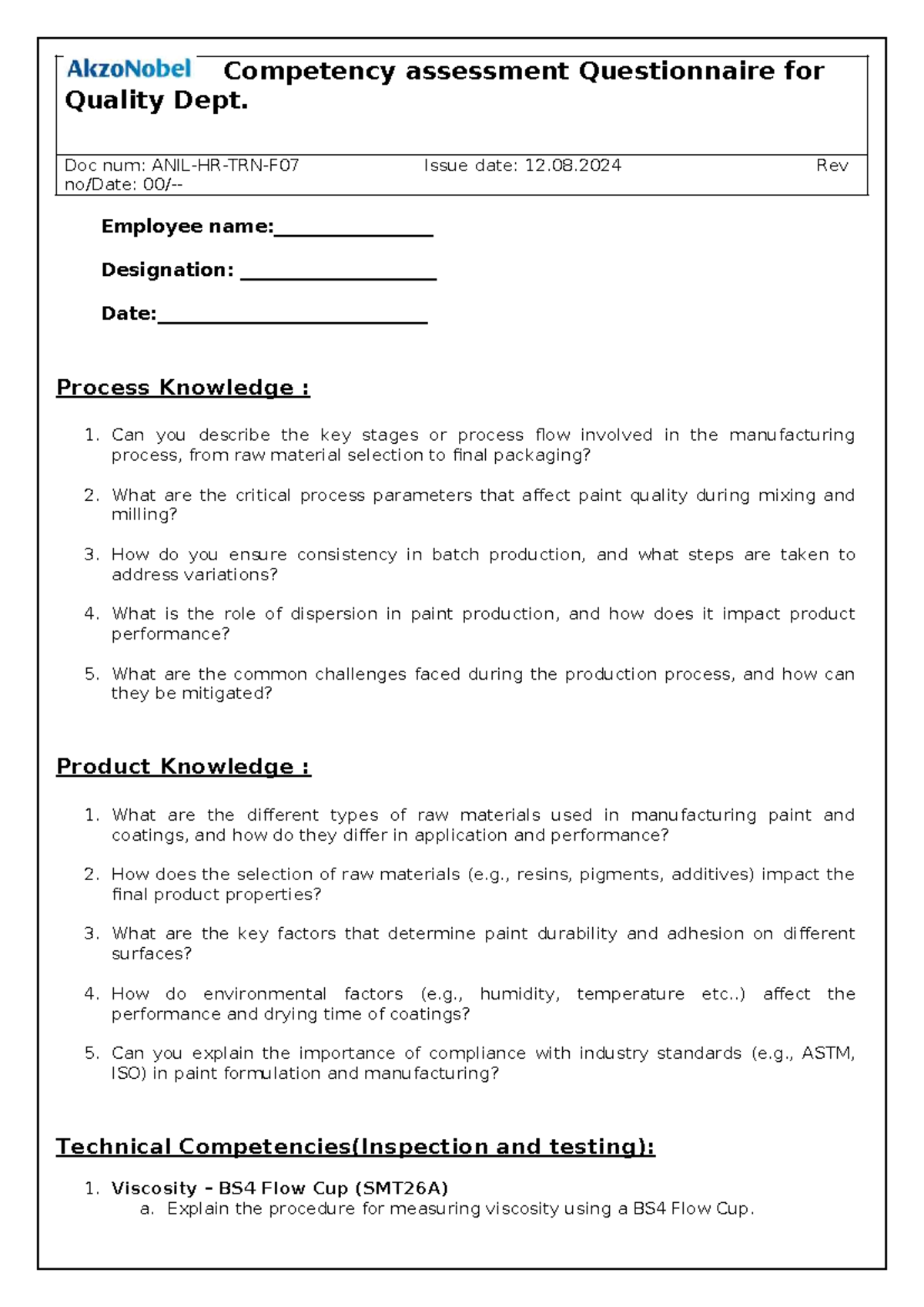 Competency Assessment Questionnaire for Quality Dept. (ANIL-HR-TRN-F07 ...