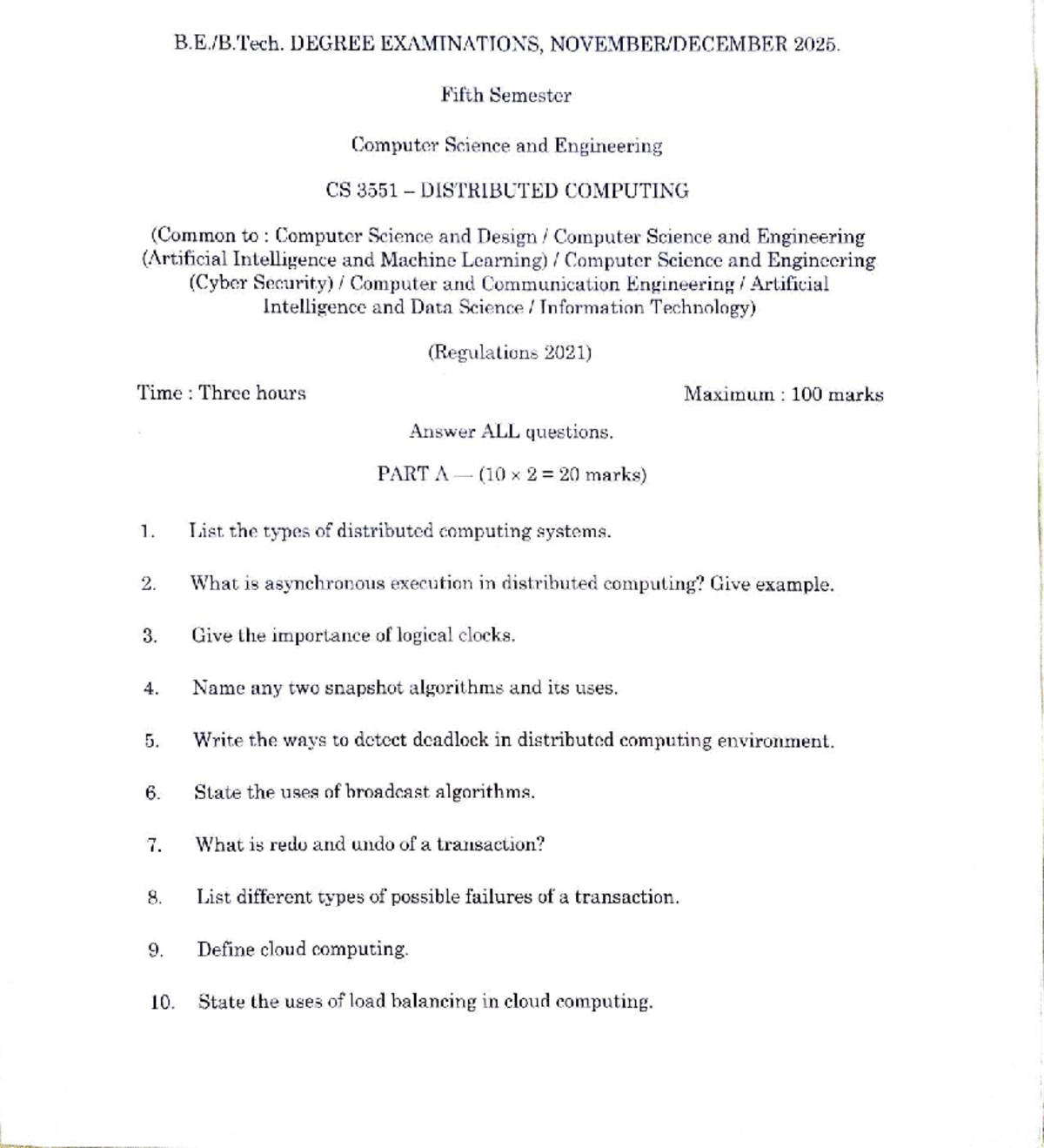Cs3551 - Degree Exam Questions for Distributed Computing, 2025 - Studocu