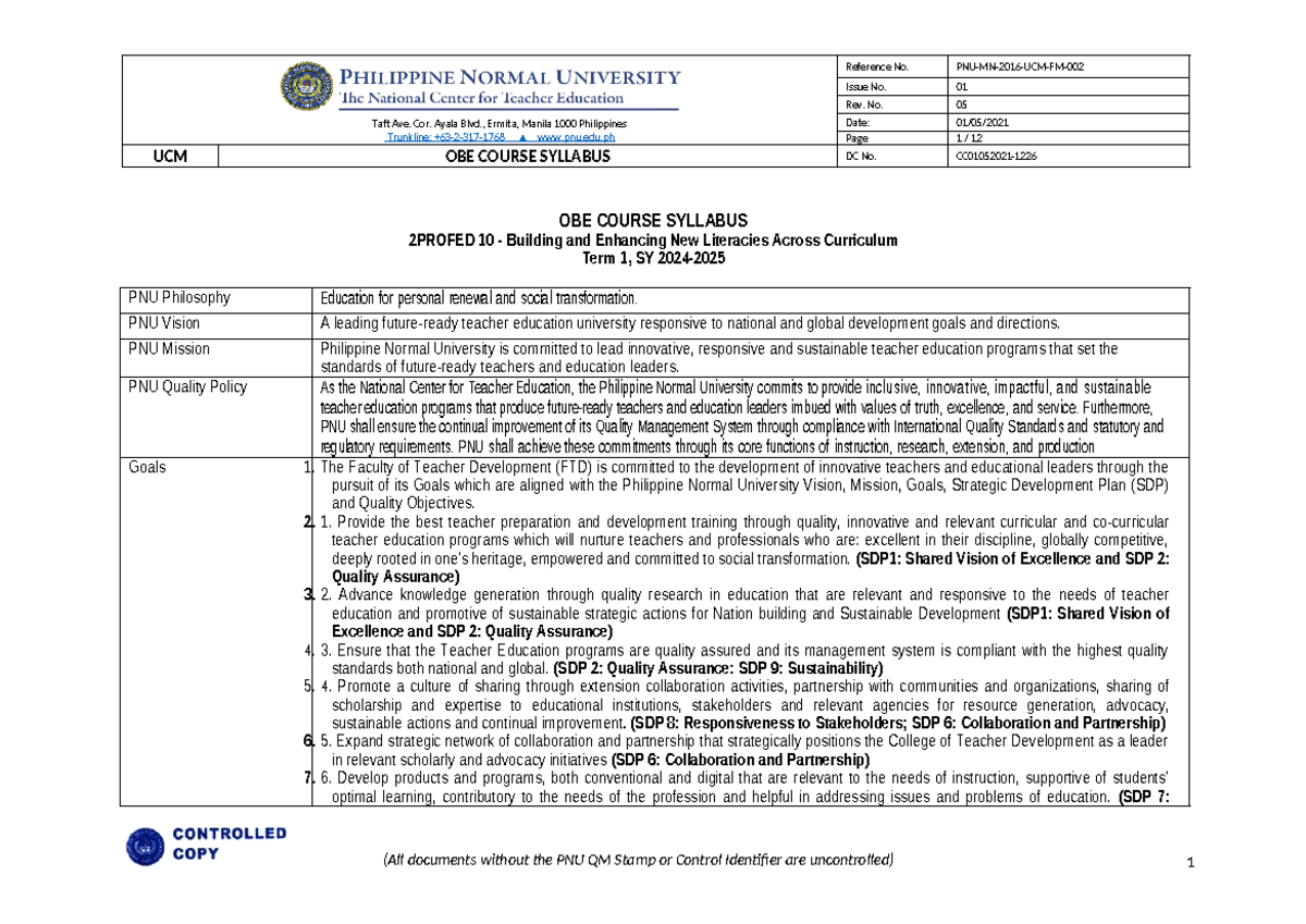 Syllabus for PROFED 10: Building & Enhancing New Literacies - Studocu