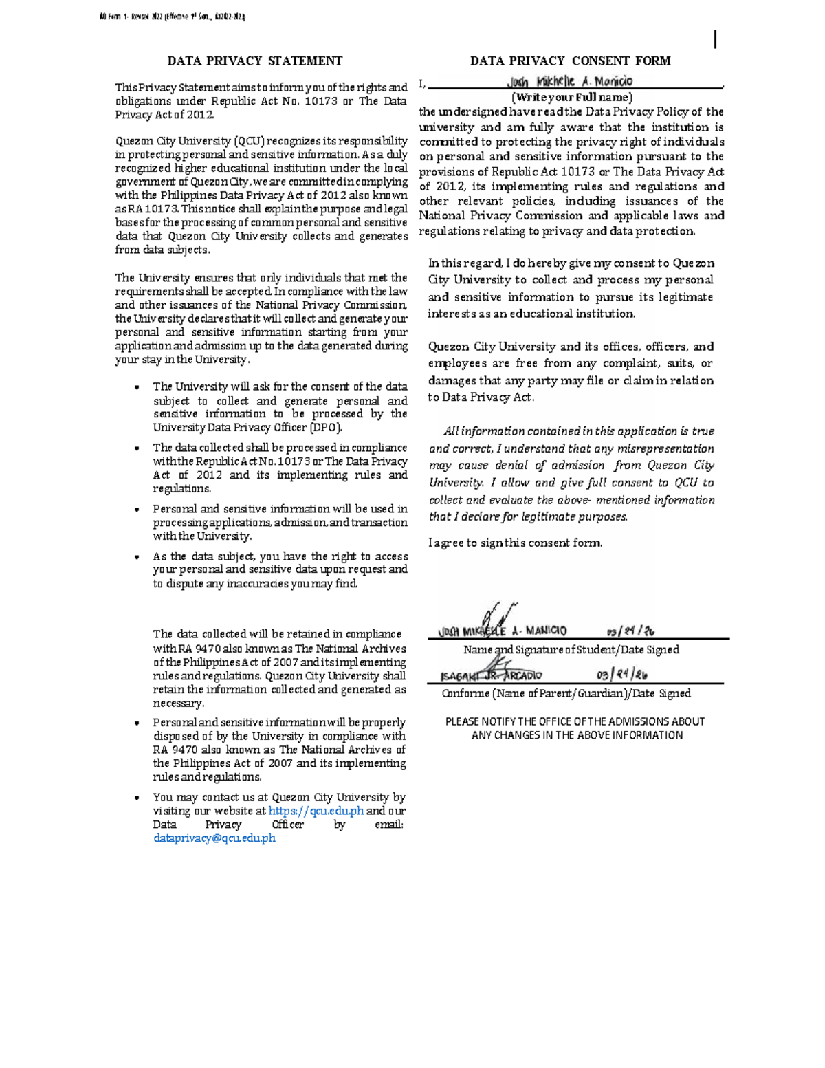 QCU Admission Form 2026-2027: Data Privacy Consent & Info - Studocu