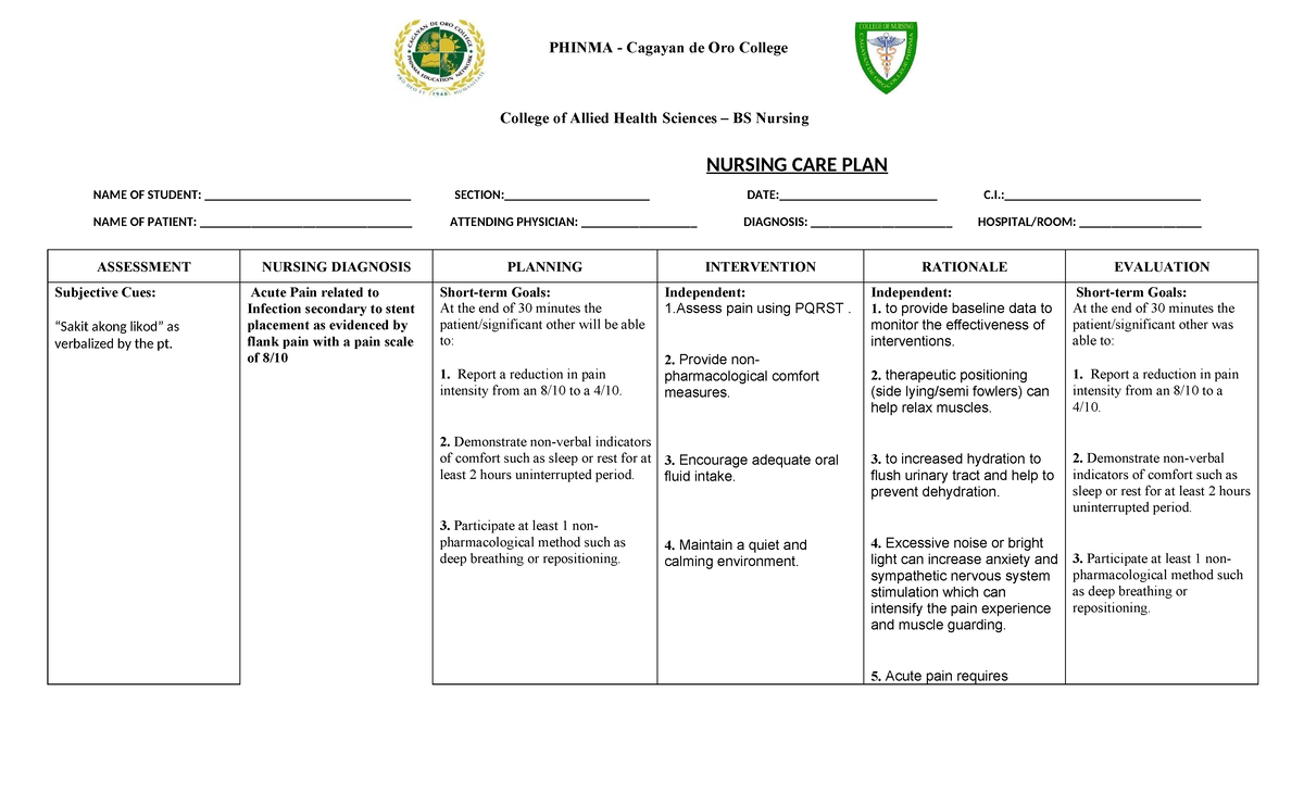 NURSING CARE PLAN (NURSING 101): Managing Acute Pain in Patients - Studocu