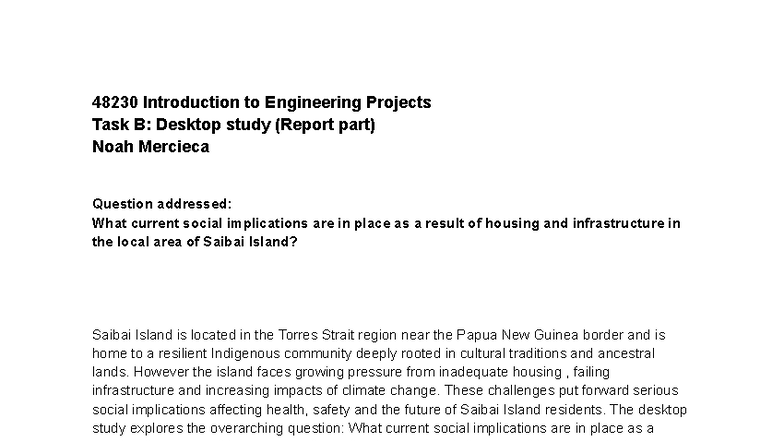 48230 Introduction to Engineering Task B: Saibai Island Housing ...