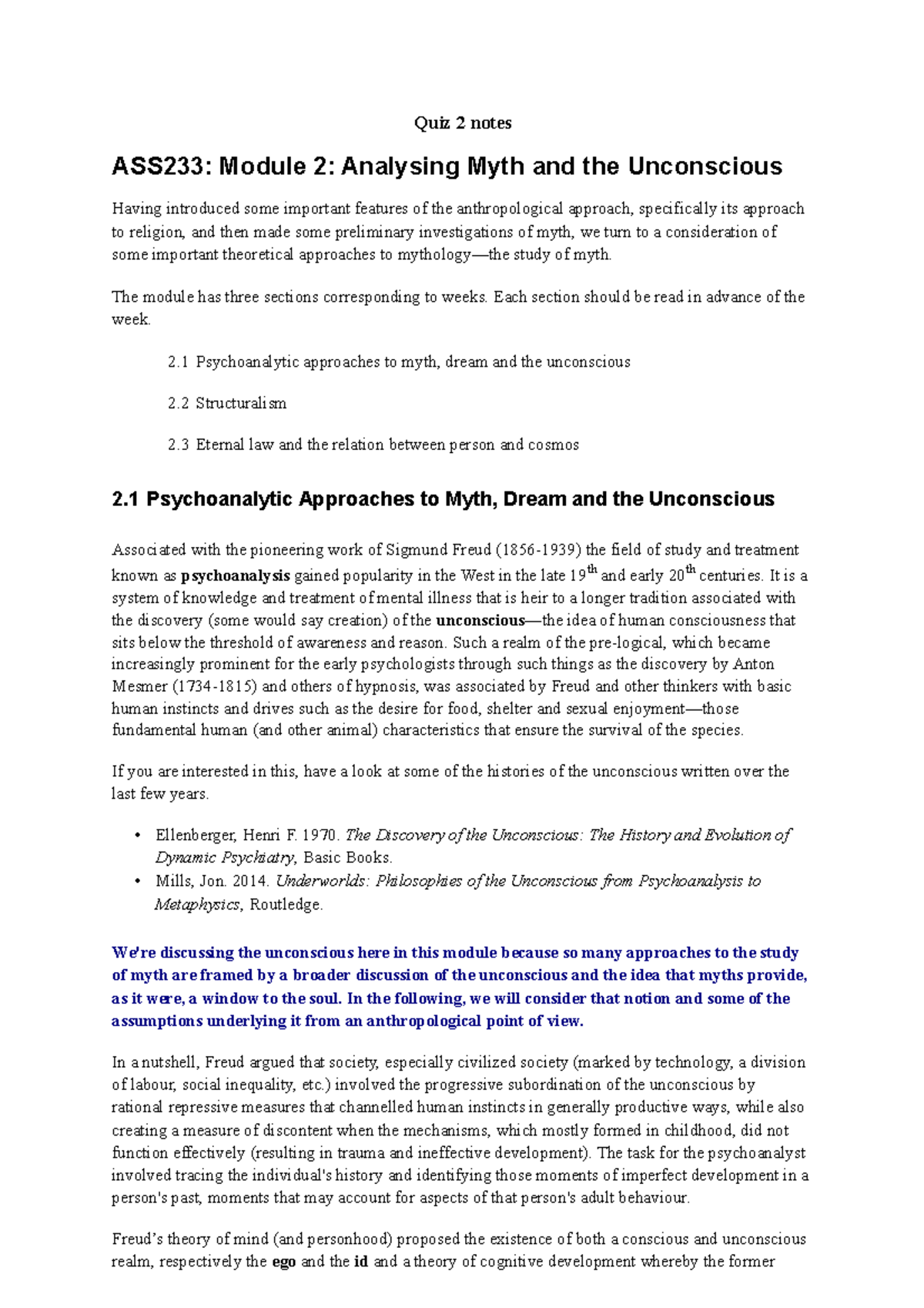 Lecture Module 2 - Quiz 2 notes ASS233: Module 2: Analysing Myth and ...