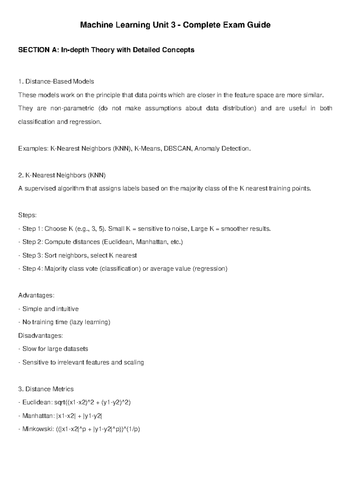 ML - UNIT 3 Complete Exam Guide: Theory, Models, and Techniques - Studocu