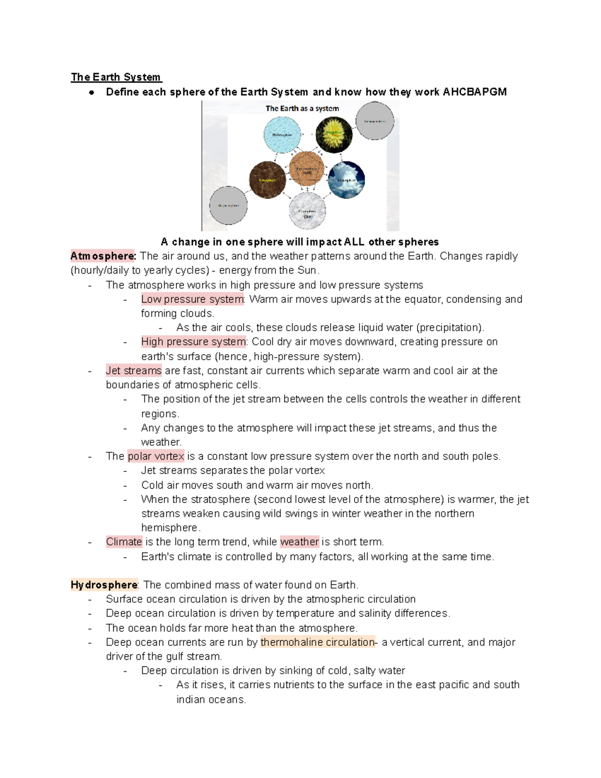 ERS111 Midterm Study - The Earth System Define each sphere of the Earth ...