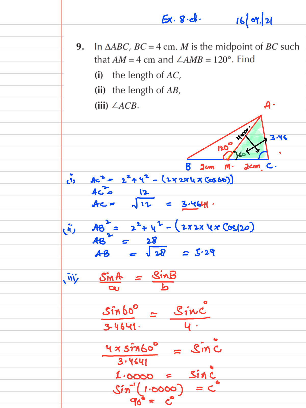 Sine Rule - rgrg - Ex. 8. 9. In AABC, 4 cm. M is the midpoint of BC ...