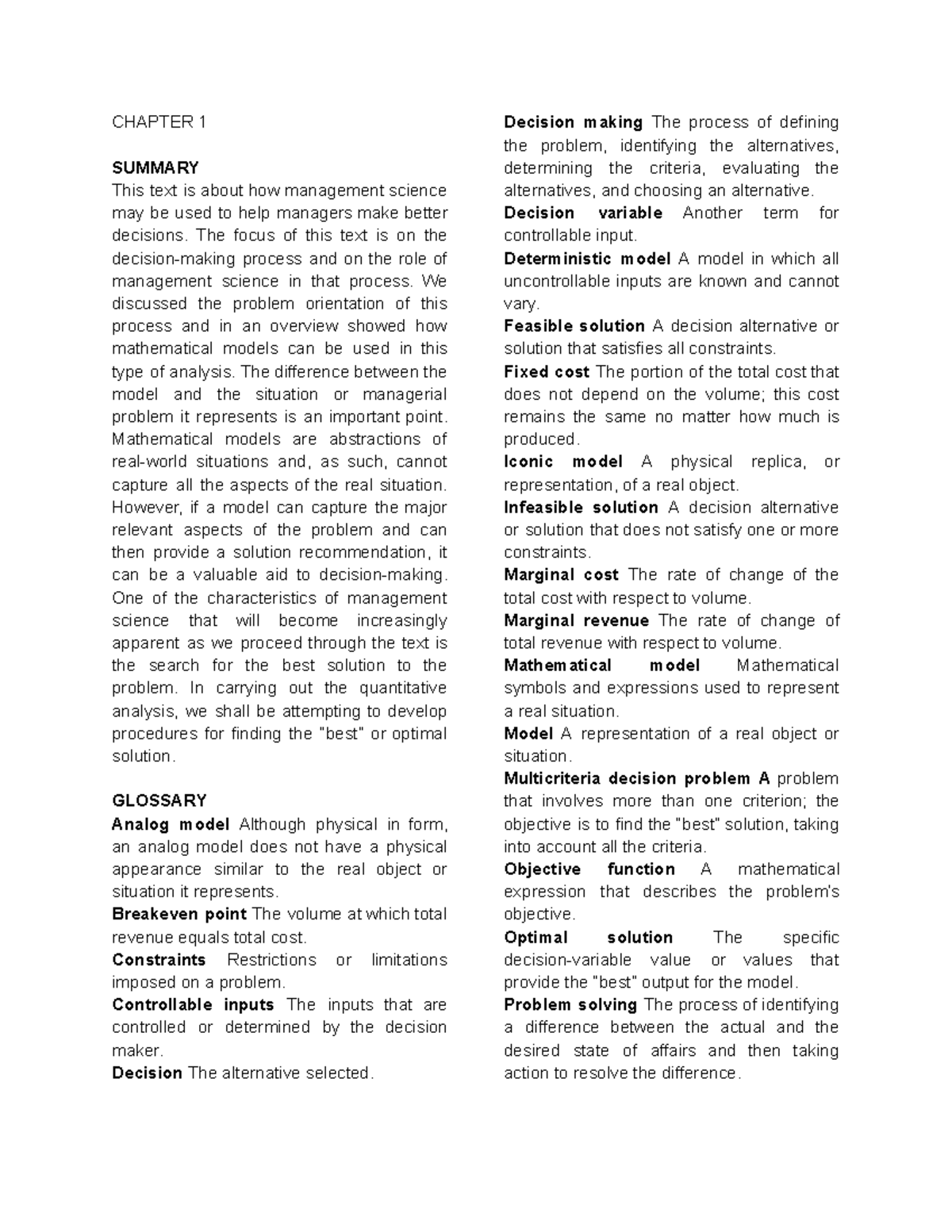 Management Science Glossary: Key Terms from Chapters 1 to 6 - Studocu