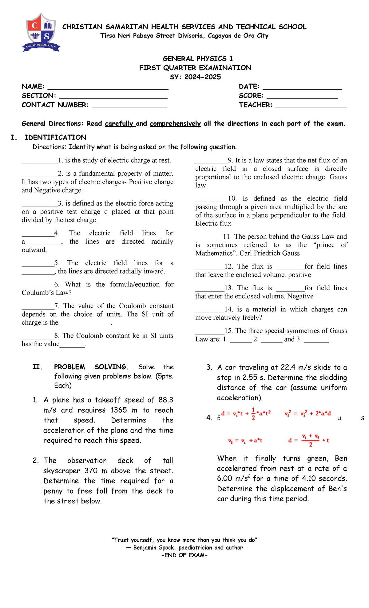 General Physics 1 (GP1) Final Exam Review - First Quarter Exam 2024 ...