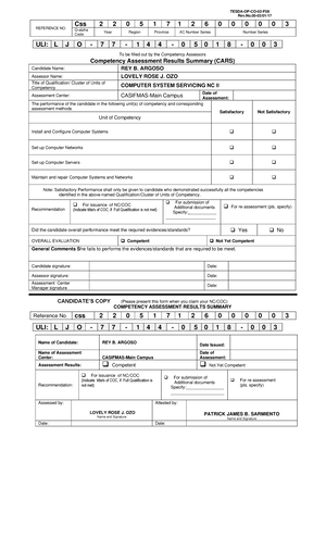 Sample Rating Sheets 2 in Conducting Competency Assessment - TESDA-OP ...