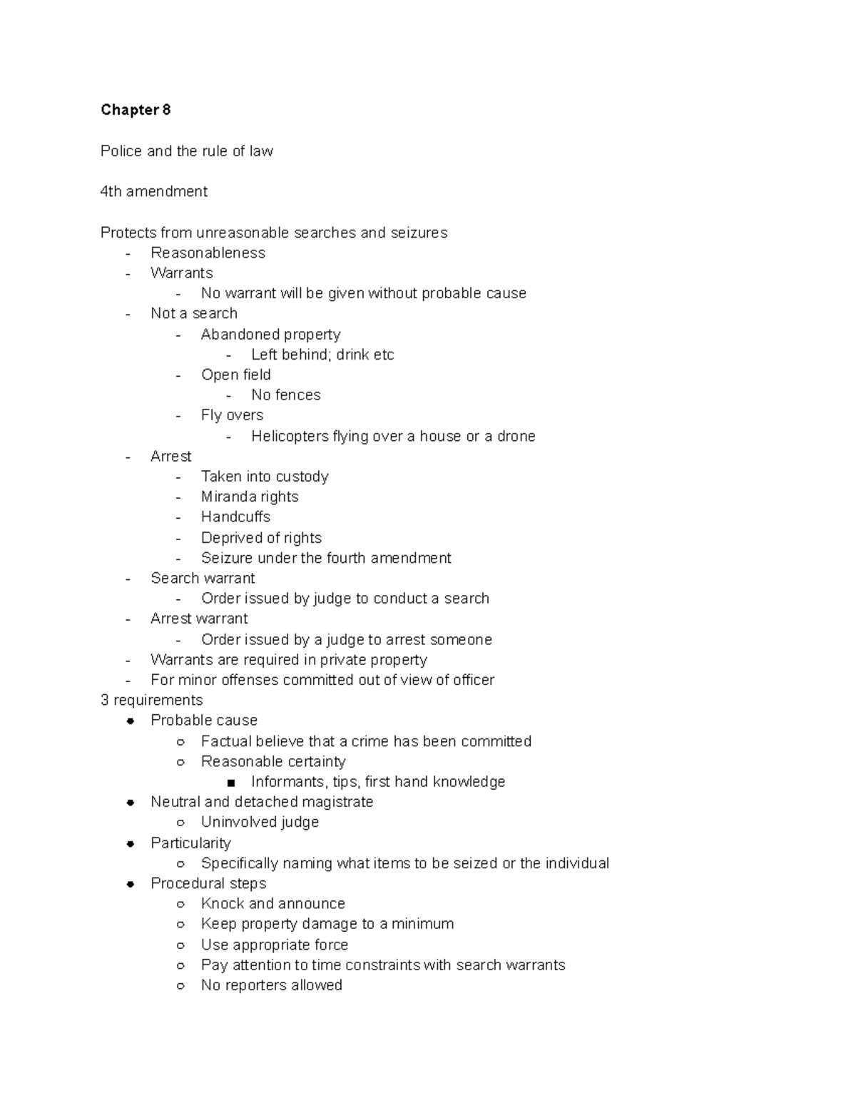Chapter 8 - Police, 4th Amendment, and Rule of Law Notes - Studocu