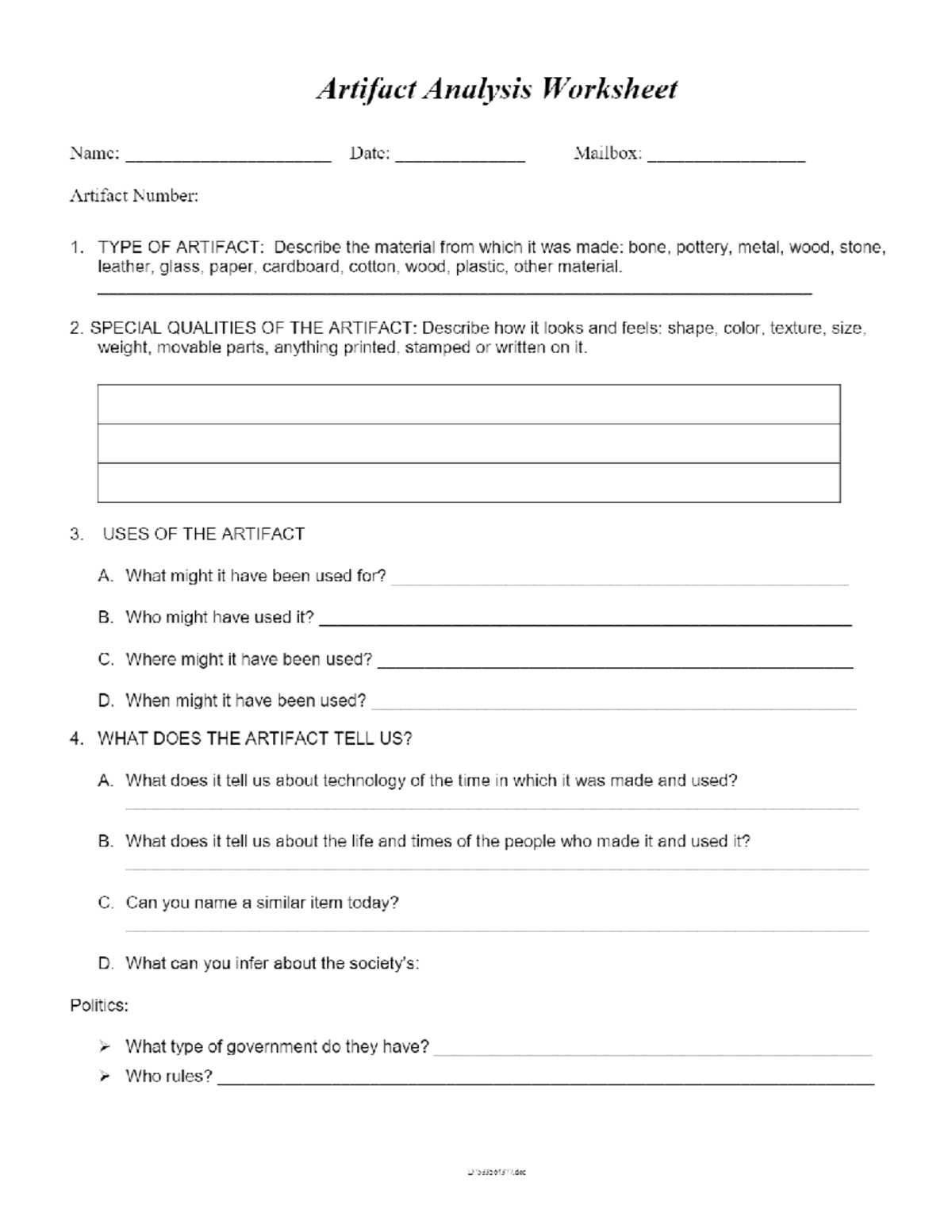 Artifact Analysis Worksheet - TYPE OF ARTIFACT: Describe the material ...