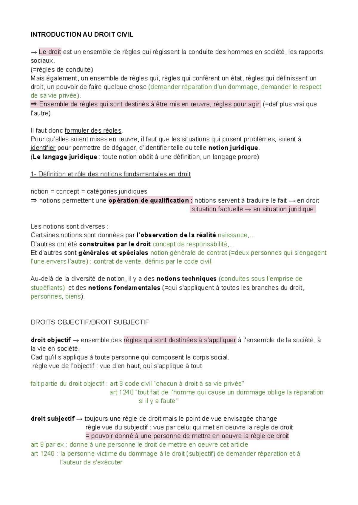 INTRODUCTION AU DROIT CIVIL - Concepts et Notions Fondamentales - Studocu