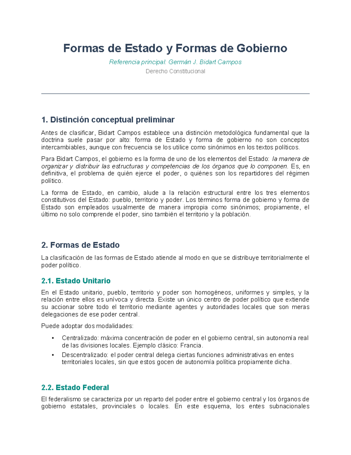 Formas de Estado y Gobierno según Bidart Campos - Derecho ...