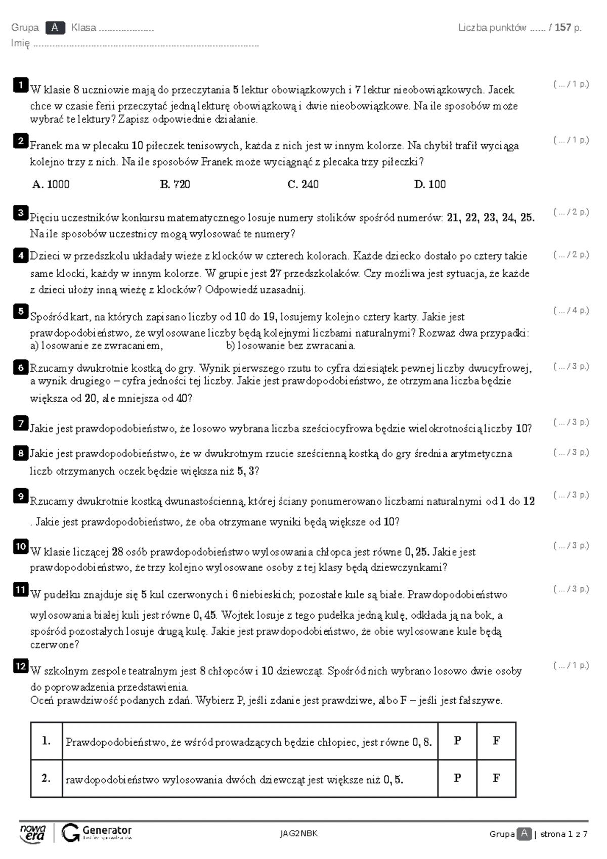 Matematyka 3 Sprawdzian Rachunek Prawdopodobieństwa