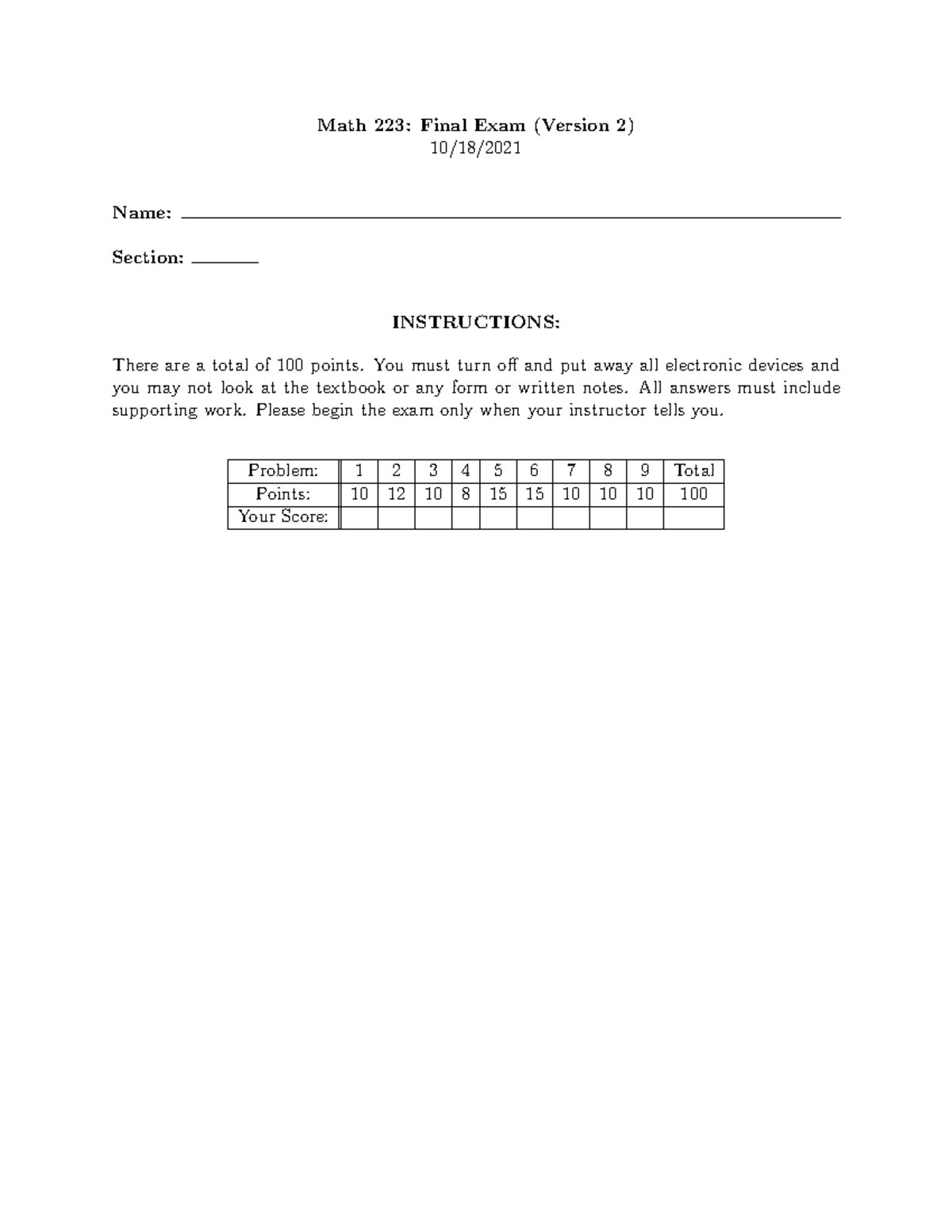 Math 223 Final Exam Review Fall 2021: Key Concepts and Problems - Studocu