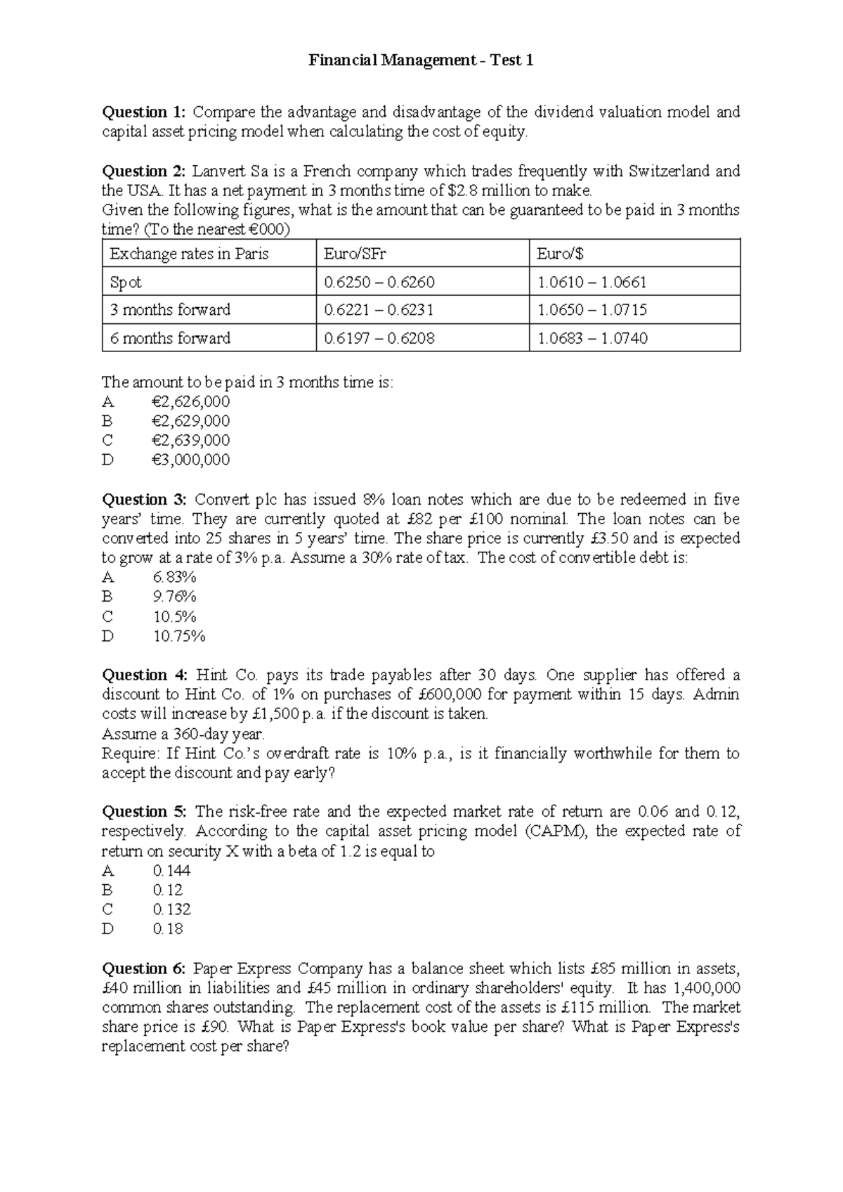 FM ACCA Test 1: Analyzing Cost of Equity & Working Capital Management ...