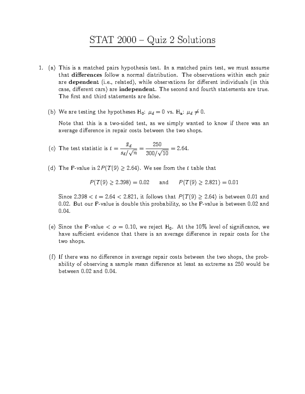 STAT 2000 - Quiz 2 Detailed Solutions and Explanations - Studocu