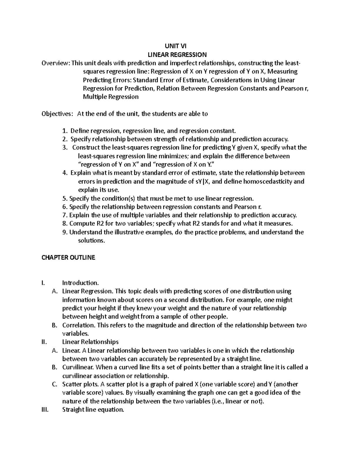 Unit VI: Linear Regression Overview & Key Concepts in Statistics - Studocu