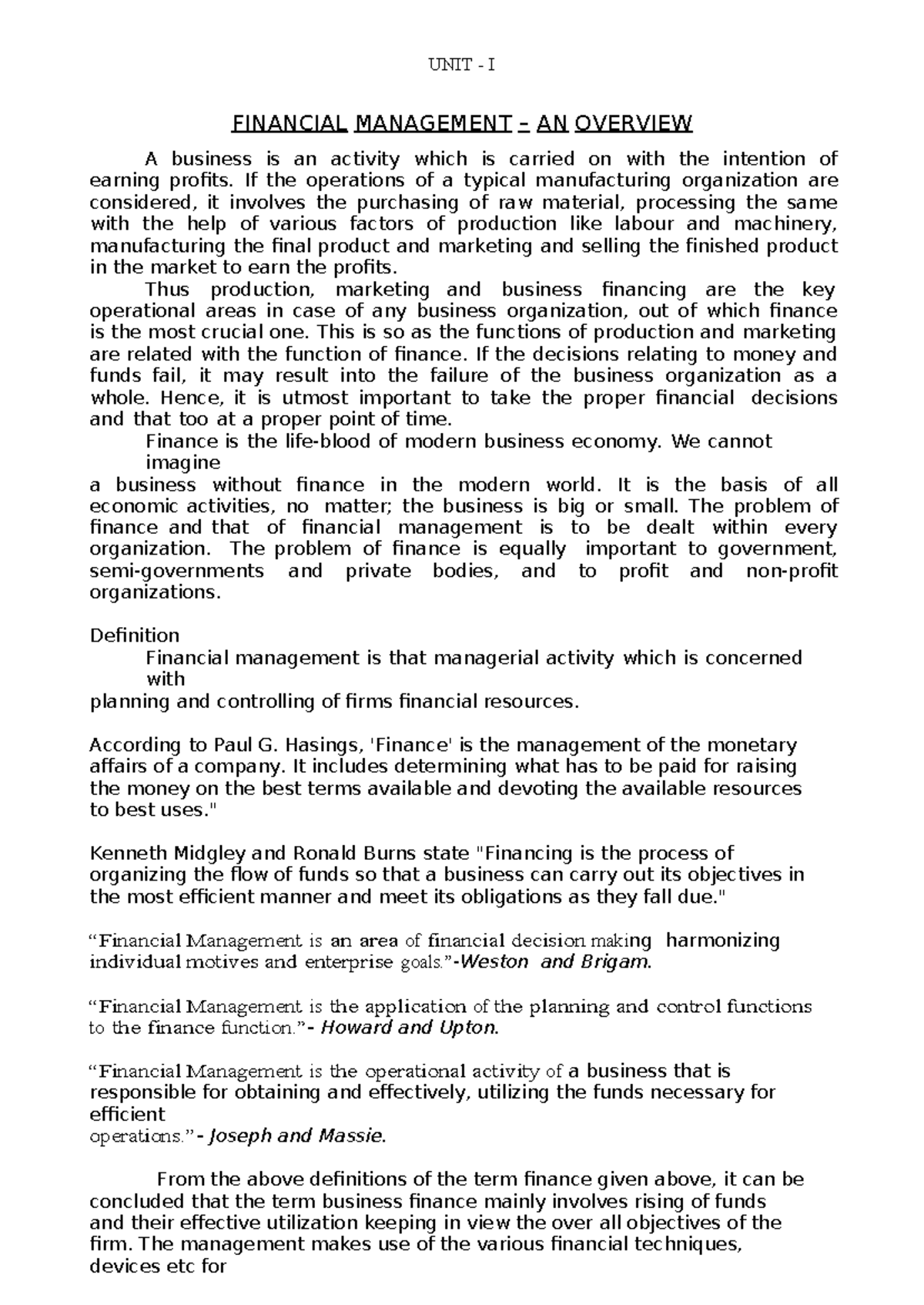 MBA-FM-BA4202-UNIT I - Financial Management Overview Notes - Studocu