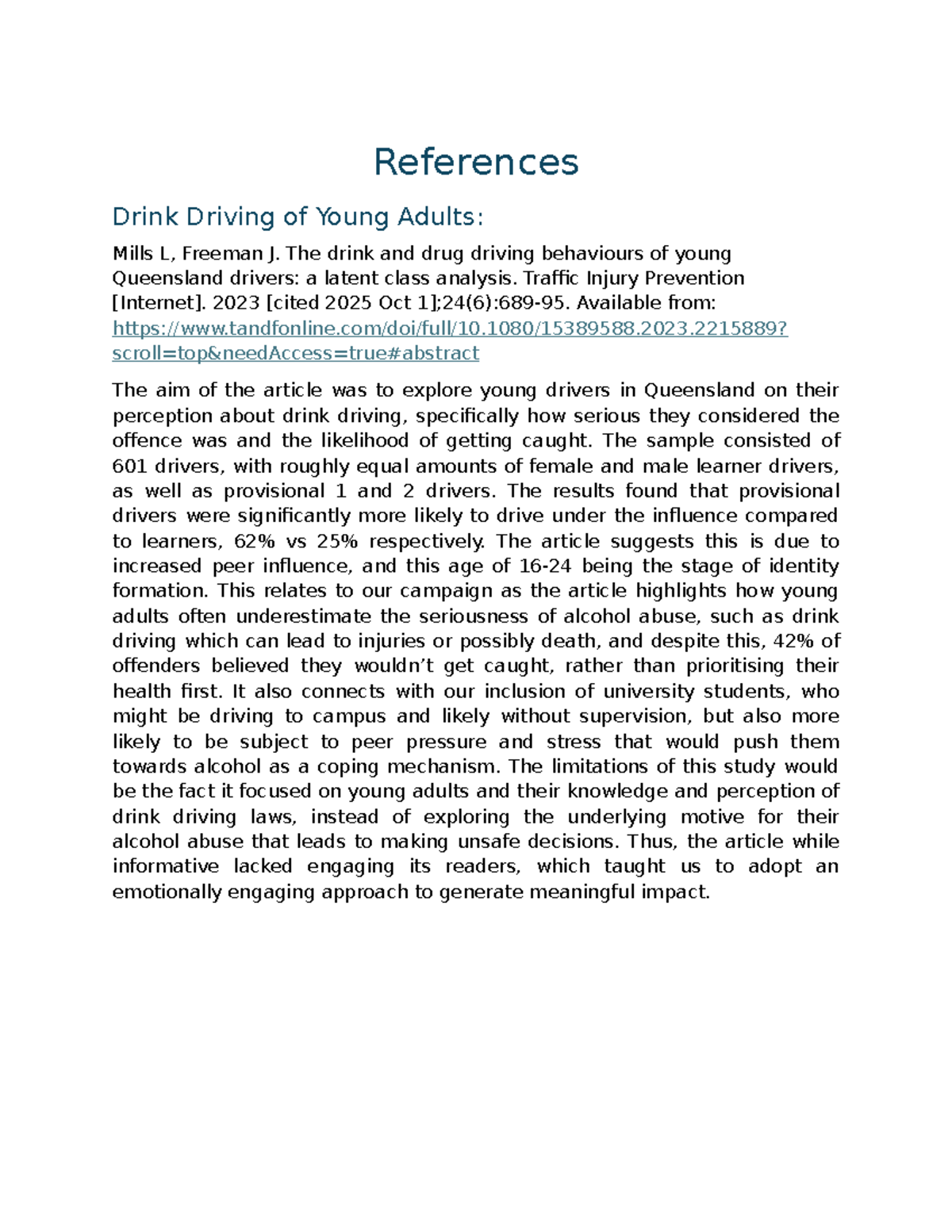 References for Alcoholism: Young Adults' Drink Driving Behaviors - Studocu