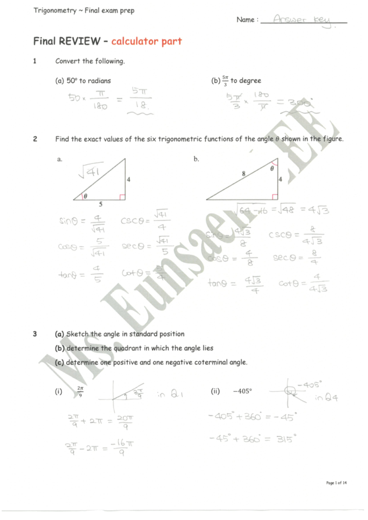 Trig final review(calculator)(answer key) - Trigonometry Final exam ...