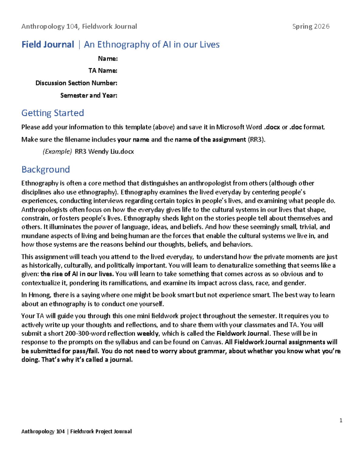 Anthropology 104: Fieldwork Journal on AI Ethnography - Spring 2026 ...