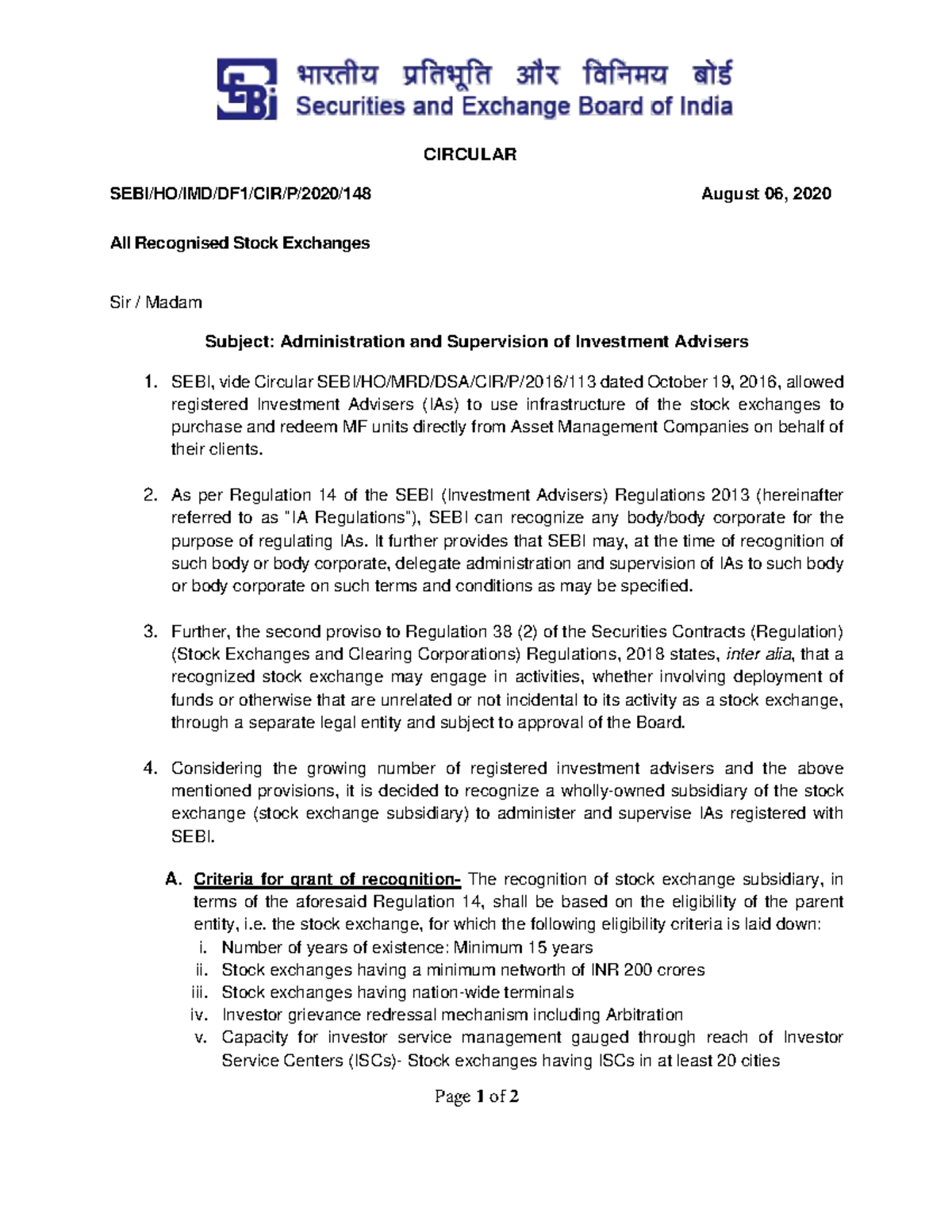 SEBI Circular: Admin & Supervision of Investment Advisers 2020 - Studocu