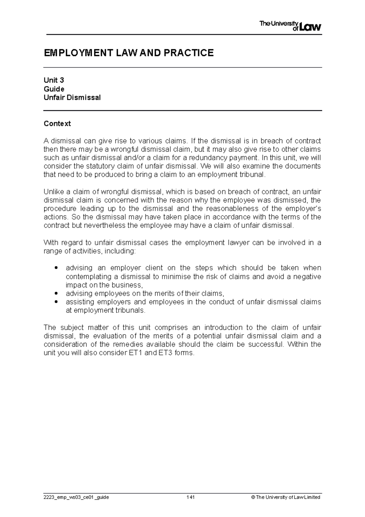 Employment Law Workshop 3: Unfair Dismissal Overview and Claims - Studocu