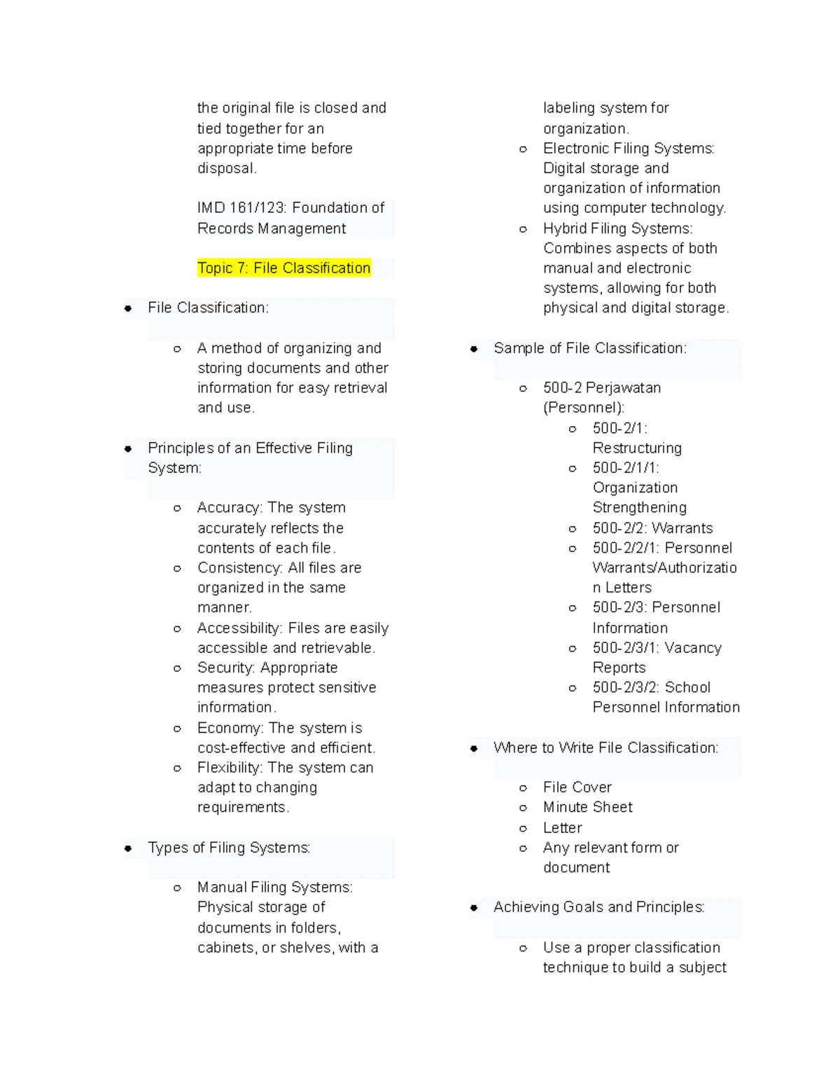 IMD 16-20: Notes on File Management and Classification Systems - Studocu