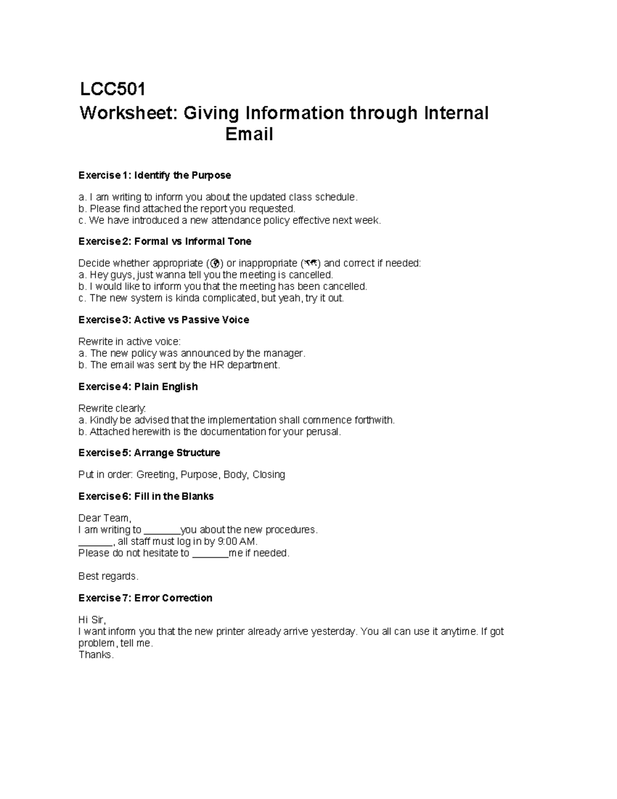 LCC501 Informing Email Worksheet: Exercises on Tone and Structure - Studocu