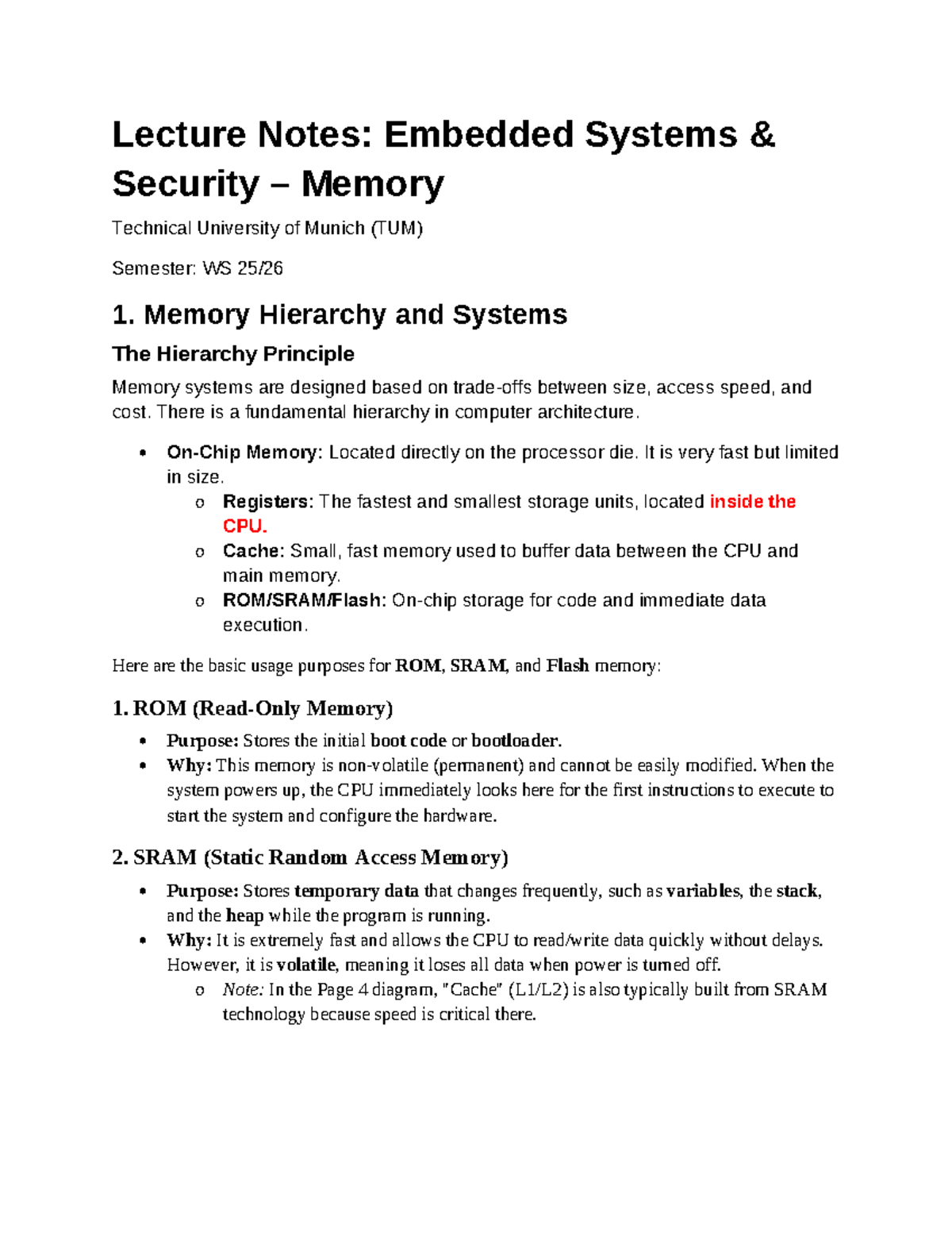 Lecture Notes: Embedded Systems Security Memory (TUM) - WS 1 - Studocu