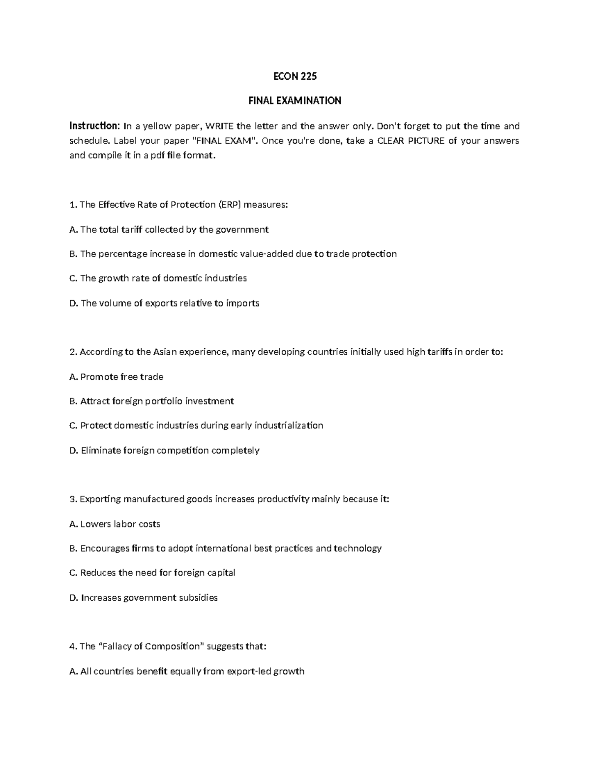 ECON 225 FINAL EXAMINATION: Key Concepts and Questions - Studocu