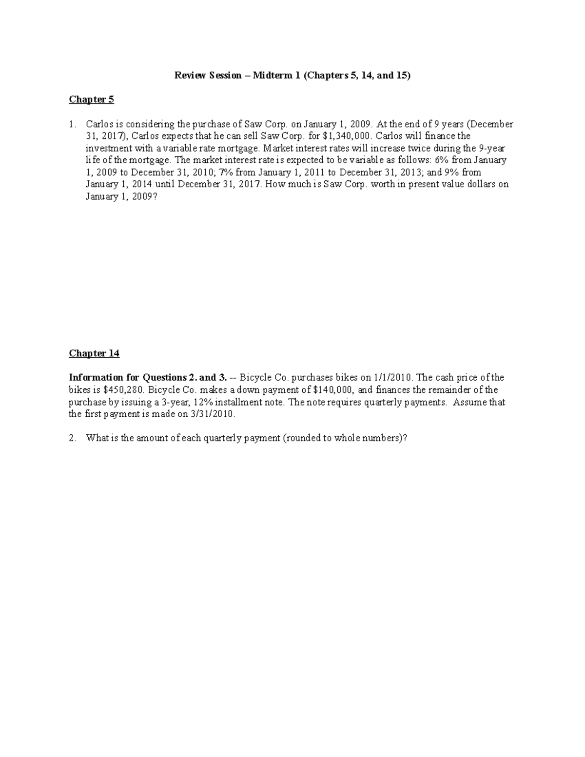Review Session Midterm 1: Key Questions from Chapters 5, 14, and 15 ...