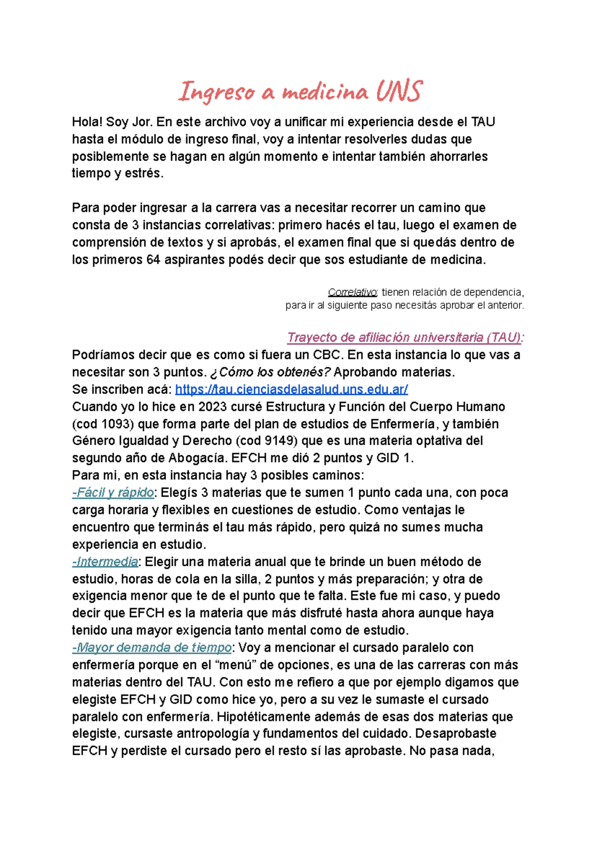 Consejos y Experiencias para Ingreso a Medicina UNS - Más Allá del TAU - Document Preview