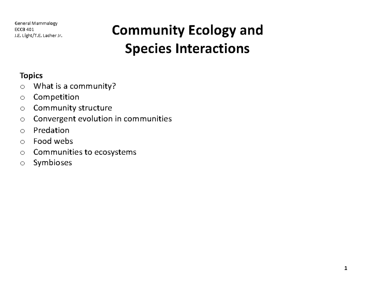 Community Ecology and Species Interactions in Mammals (ECCB 401) - Studocu