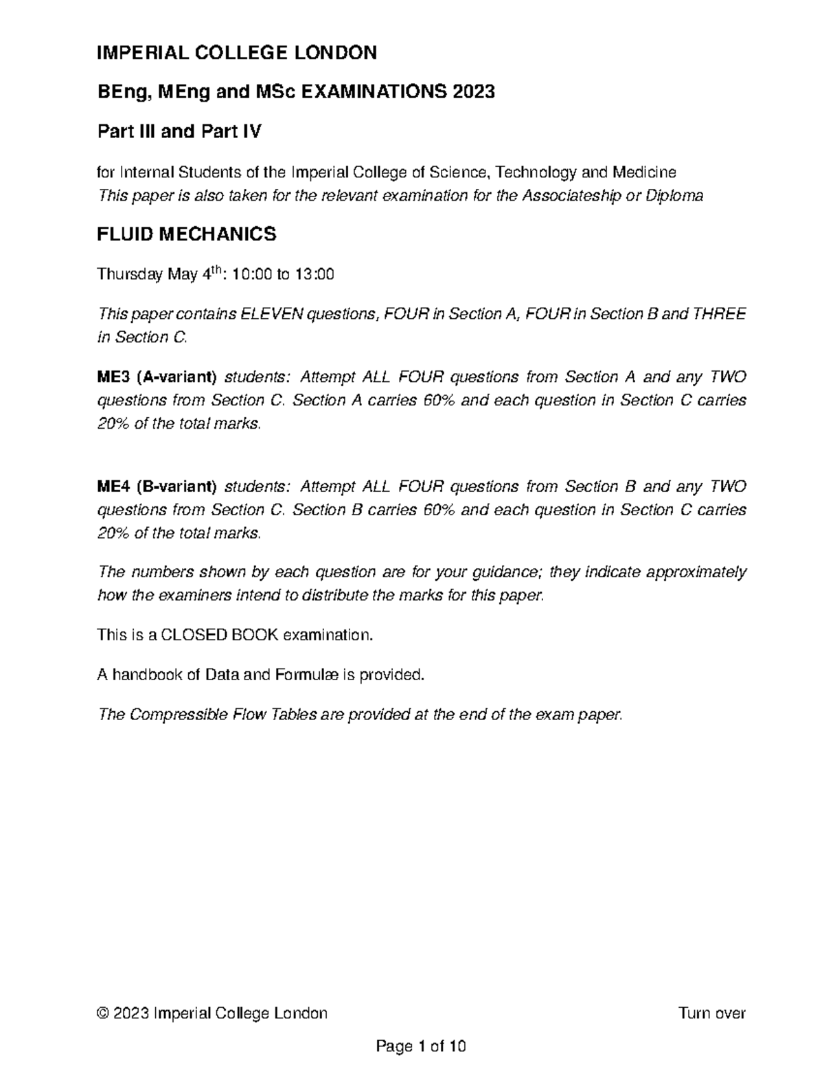 Fluid Mechanics 3A 2023 Final Exam Paper - Studocu