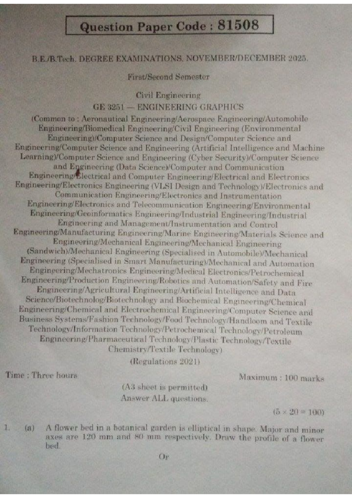 GE3251 Engineering Graphics Nov-Dec 2025 Question Paper - Studocu