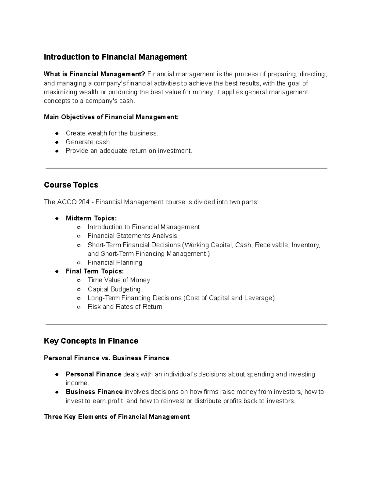 ACCO 204 Midterm Notes: Introduction to Financial Management - Studocu