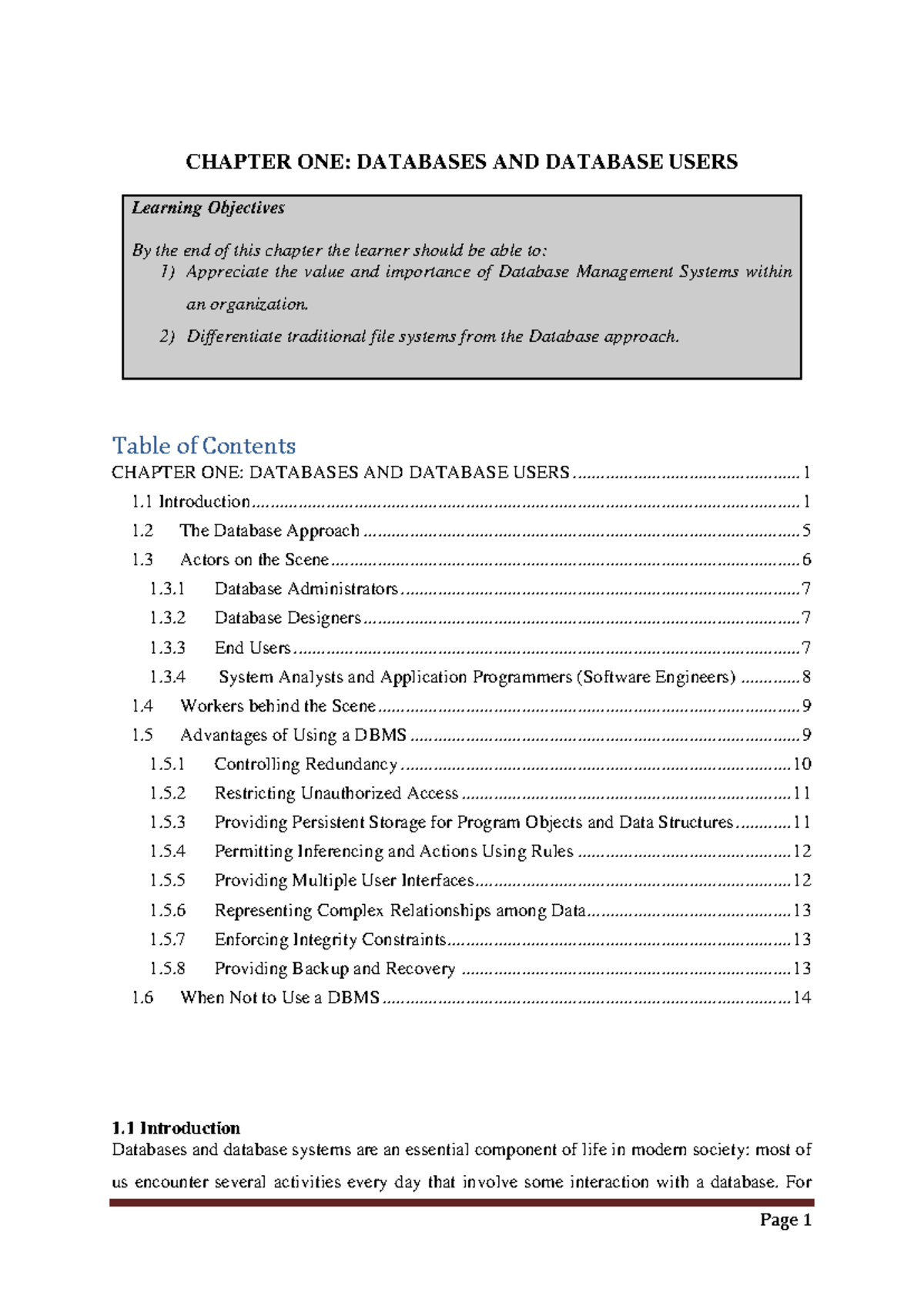 CHAPTER 1: INTRODUCTION TO DATABASES AND DATABASE USERS - Studocu