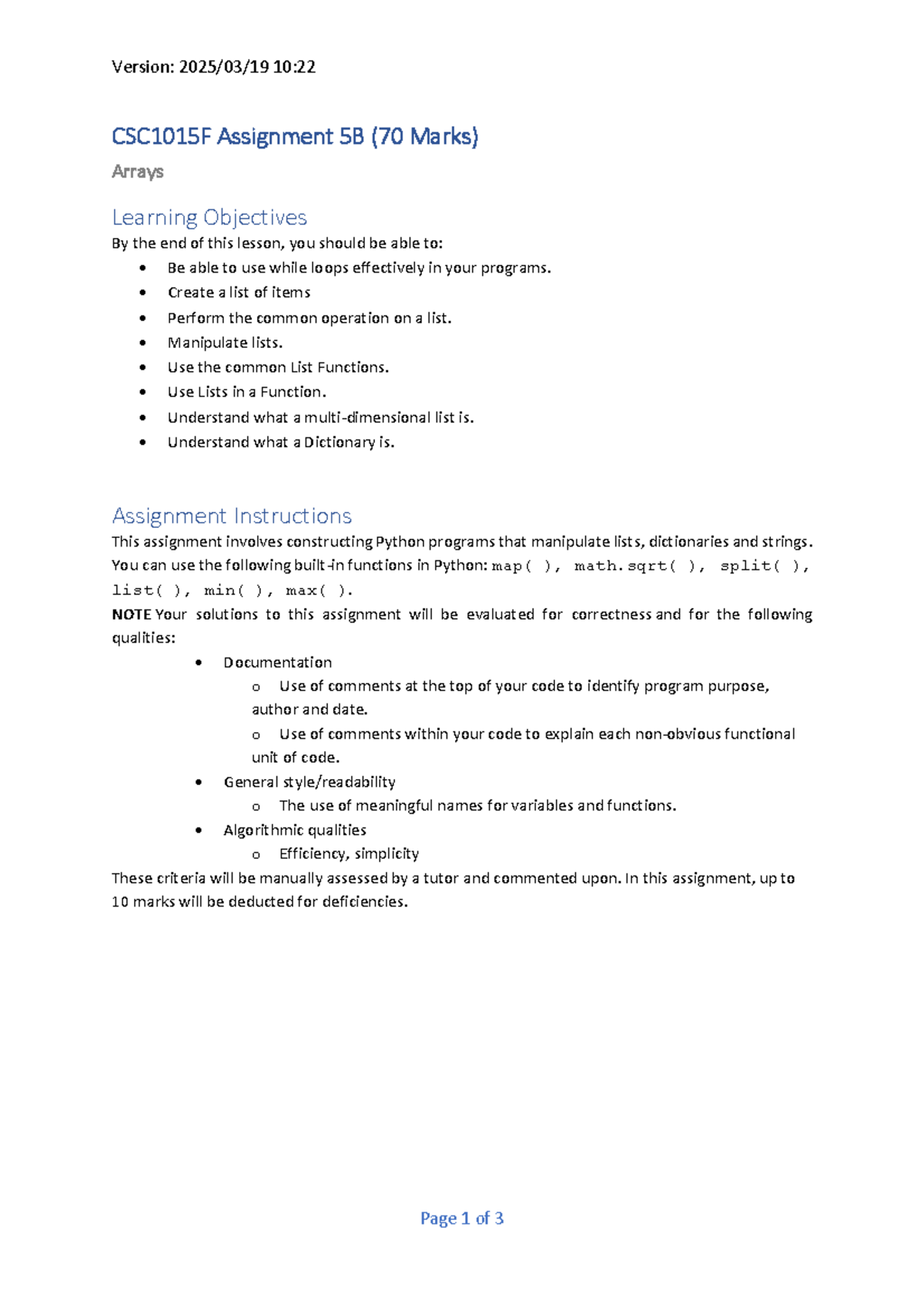 CSC1015F Assignment 5B: Mastering Arrays and List Manipulation - Studocu